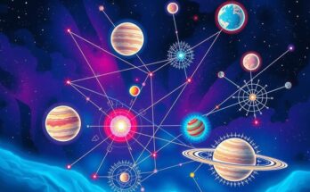 Celestial bodies align, vibrant cosmos with stars and planets in harmonious colors, representing astrological signs and fortune.