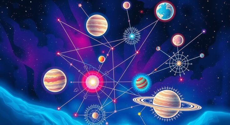 Celestial bodies align, vibrant cosmos with stars and planets in harmonious colors, representing astrological signs and fortune.