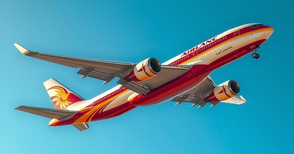 A luxurious jumbo jet soaring through a blue sky, showcasing opulence with golden accents and a sleek design.