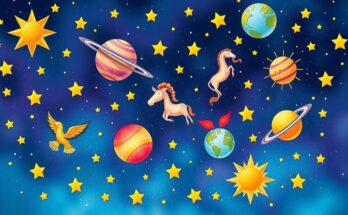 Зodiak signs with colorful celestial background and symbolic elements representing personality traits.