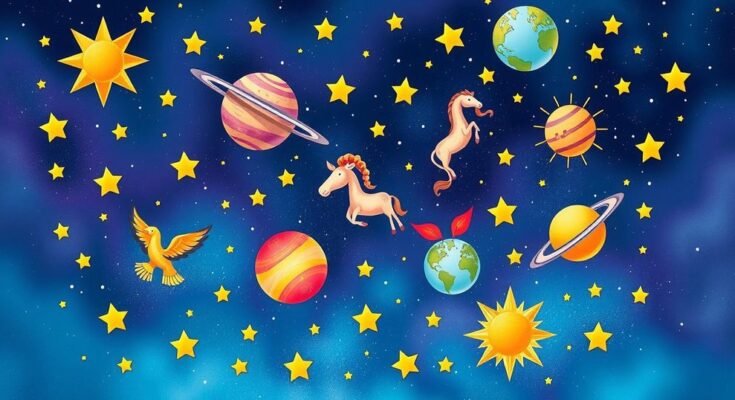 Зodiak signs with colorful celestial background and symbolic elements representing personality traits.