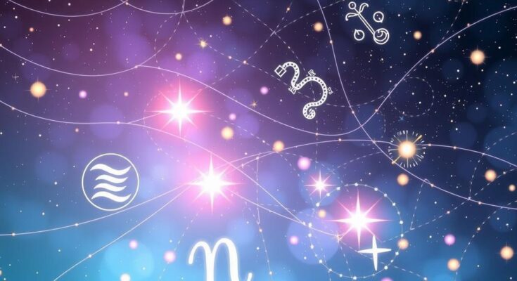 A cosmic scene with celestial elements representing zodiac signs, bright stars, and a serene celestial color palette.