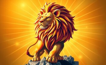 A vibrant golden lion symbolizing the Leo zodiac sign with a sunburst backdrop representing creativity and ambition.