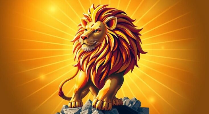 A vibrant golden lion symbolizing the Leo zodiac sign with a sunburst backdrop representing creativity and ambition.