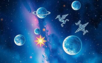 A cosmic scene illustrating zodiac signs and celestial alignments, vibrant colors of celestial bodies in a starry sky.