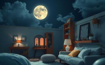 Celestial scene with the Aquarius Moon shining over a serene domestic space, in a calming blue and soft gray color scheme.