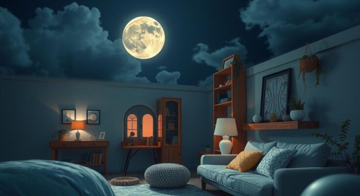 Celestial scene with the Aquarius Moon shining over a serene domestic space, in a calming blue and soft gray color scheme.