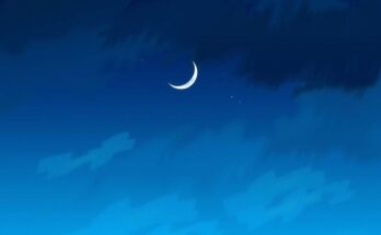 A deep blue night sky with a crescent moon shining over a peaceful landscape, symbolizing intimacy and communication.