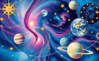 Colorful cosmic symbols representing horoscopes in an abstract style, depicting astrology vibes with celestial elements.