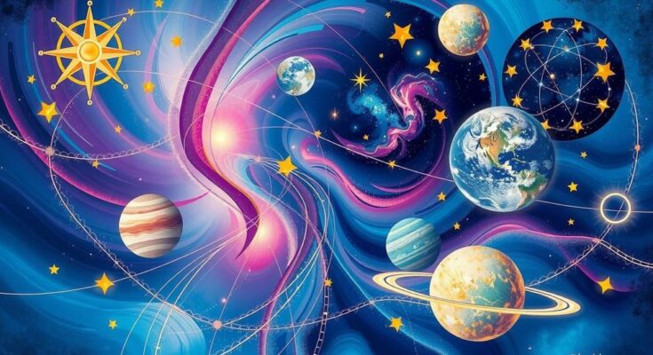 Colorful cosmic symbols representing horoscopes in an abstract style, depicting astrology vibes with celestial elements.