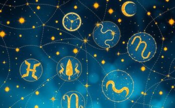 A cosmic scene featuring constellations and zodiac symbols with a mystic blue and gold color scheme in a celestial style.