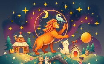 An astrology-themed illustration showcasing Leo zodiac symbol, stars, and a cozy community setting, in warm tones.