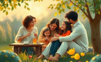 A serene family gathering with warm light, depicting harmony and love among connected hearts and gentle nature.