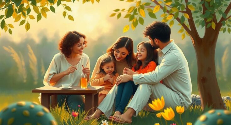 A serene family gathering with warm light, depicting harmony and love among connected hearts and gentle nature.