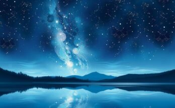 Bright starry night sky with a serene landscape, representing a relaxing evening vibe with cosmic elements.