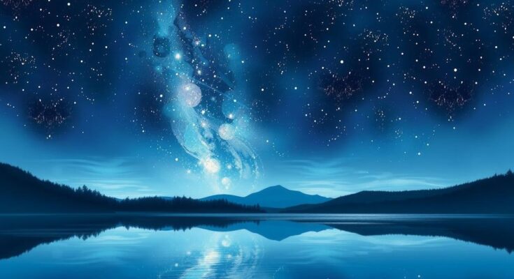 Bright starry night sky with a serene landscape, representing a relaxing evening vibe with cosmic elements.