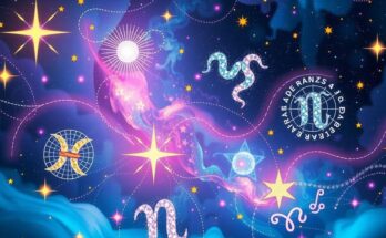 A celestial theme with beautiful stars, zodiac symbols, and a serene cosmic background representing astrology.