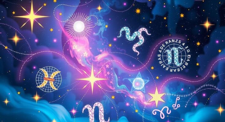 A celestial theme with beautiful stars, zodiac symbols, and a serene cosmic background representing astrology.