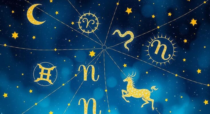 A mystical celestial scene with zodiac symbols and starry backdrop in vibrant hues of blue and gold.