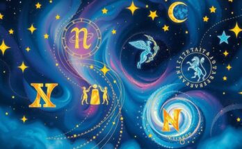 Astrological symbols representing zodiac signs in a vibrant cosmic scene with stars and celestial colors.