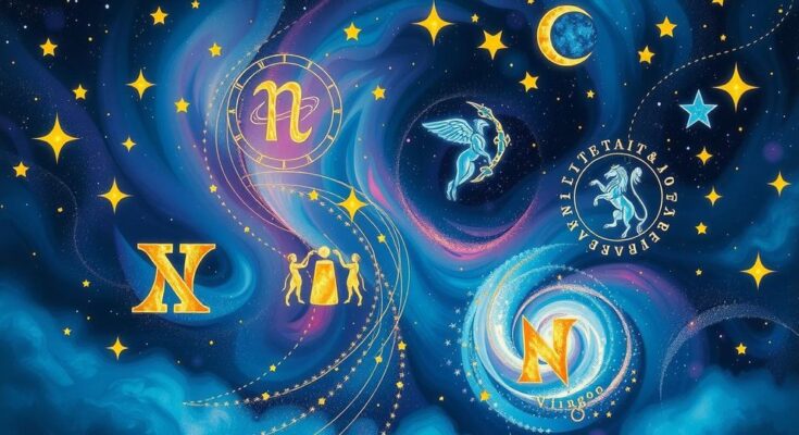 Astrological symbols representing zodiac signs in a vibrant cosmic scene with stars and celestial colors.