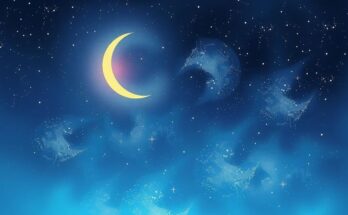 A serene night sky with a glowing crescent moon, surrounded by twinkling stars, representing reflection and self-awareness.