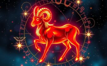 A vibrant astrological scene depicting a glowing ram surrounded by stars and zodiac symbols in rich red and gold hues.