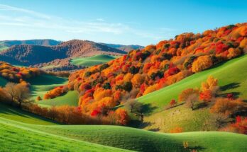 A serene landscape featuring rolling hills and vibrant foliage, showcasing mud color tones under a clear sky.