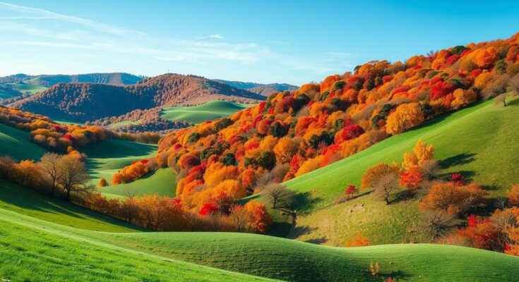 A serene landscape featuring rolling hills and vibrant foliage, showcasing mud color tones under a clear sky.