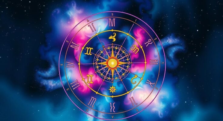 A colorful zodiac wheel featuring symbols representing each astrological sign against a starry background.