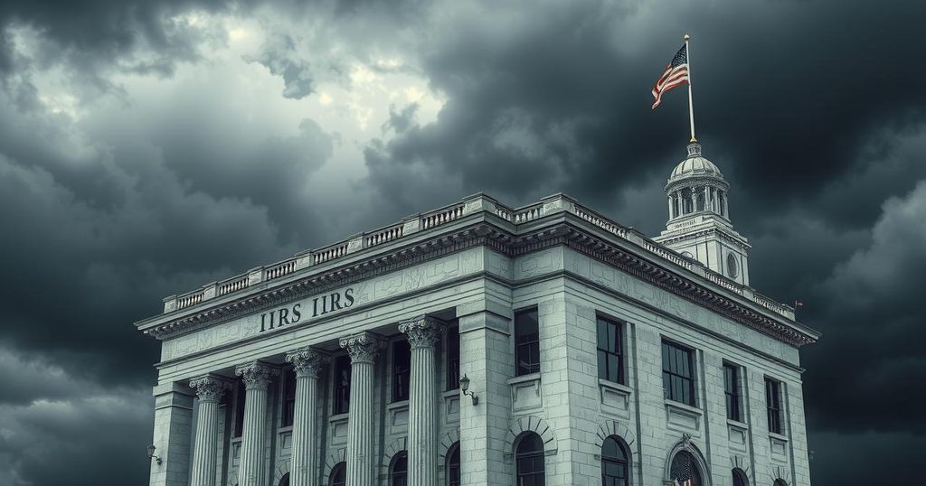 A symbolic representation of political power dynamics, featuring a vintage IRS building under stormy skies, using muted colors.