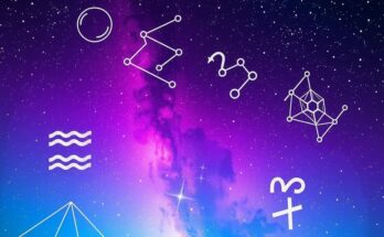 A starry night sky with zodiac symbols, represented in a mystical gradient of purples and blues, evoking astrological themes.