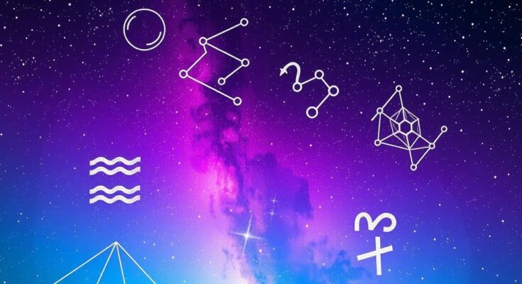 A starry night sky with zodiac symbols, represented in a mystical gradient of purples and blues, evoking astrological themes.