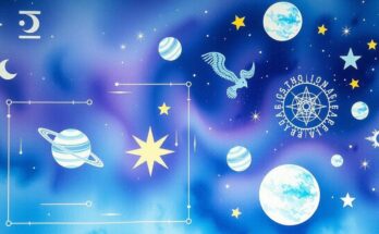 A cosmic-themed illustration representing astrology, featuring stars, planets, and gentle colors for serenity.