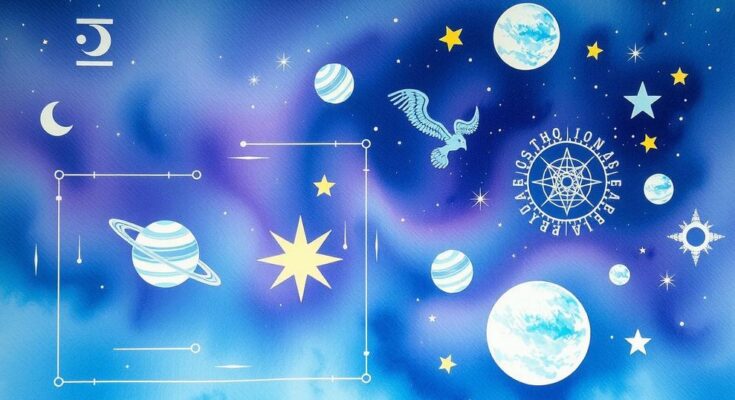 A cosmic-themed illustration representing astrology, featuring stars, planets, and gentle colors for serenity.