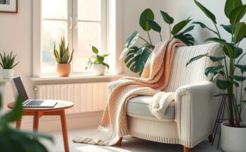 Cozy oversized sweater on a chair near a laptop, with soft morning light and plants enhancing the homey atmosphere.