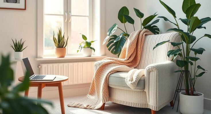 Cozy oversized sweater on a chair near a laptop, with soft morning light and plants enhancing the homey atmosphere.