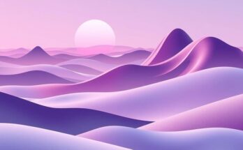 A serene purple landscape with abstract shapes representing harmony and positive energy.