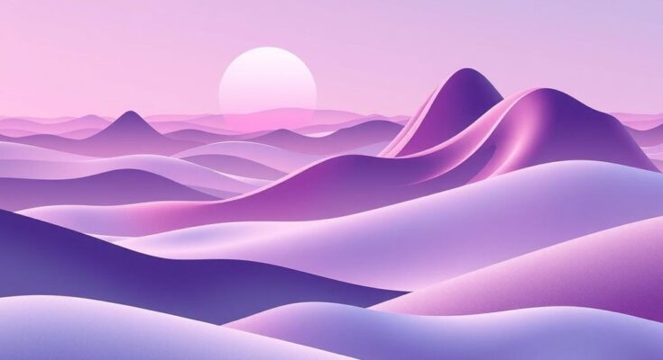 A serene purple landscape with abstract shapes representing harmony and positive energy.