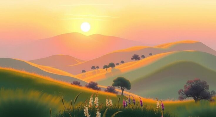 A serene landscape featuring a sunrise over rolling hills, symbolizing new beginnings and emotional clarity.