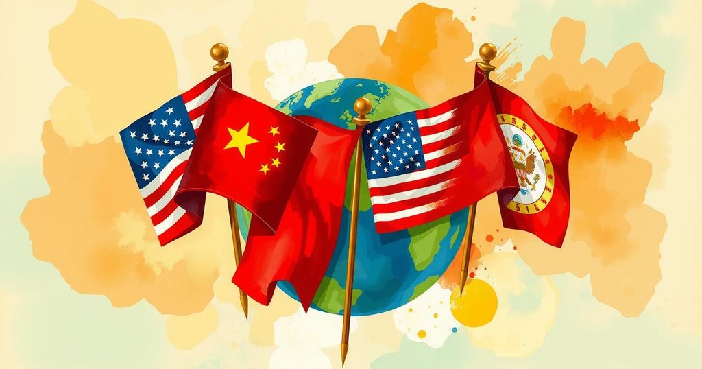A stylized representation of trade negotiations featuring flags of China and the US around a globe, warm colors.
