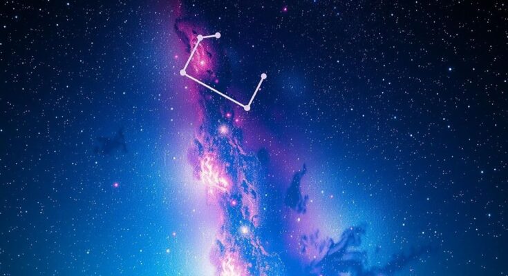 Astrology symbols and constellations in a starry night sky, with cosmic colors and celestial patterns.