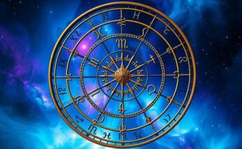 Zodiac wheel with astrological symbols against a galaxy background in vibrant blues and purples. Astrological themes depicted.