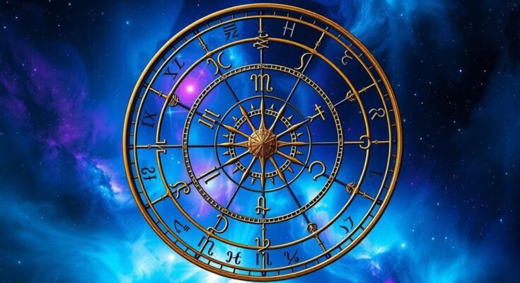 Zodiac wheel with astrological symbols against a galaxy background in vibrant blues and purples. Astrological themes depicted.