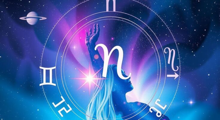 A vibrant celestial scene illustrating Mercury in Gemini with astrological symbols and starry background.