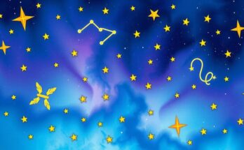 A celestial scene with zodiac symbols and constellations in vibrant colors conveying astrology themes.