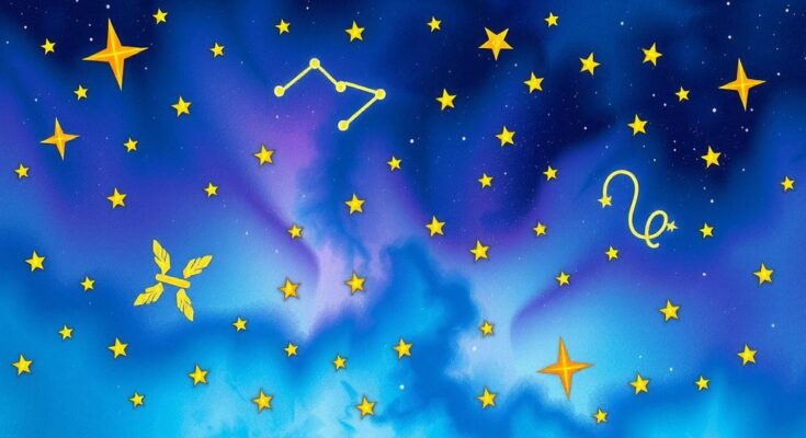 A celestial scene with zodiac symbols and constellations in vibrant colors conveying astrology themes.