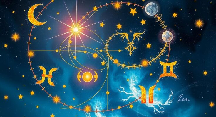 Astrological representation of zodiac signs with positive cosmic energy and transformations, highlighting personal growth.