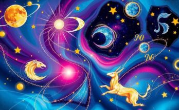 An artistic collage depicting zodiac signs within a cosmic setting, showcasing vibrant colors and abstract designs.