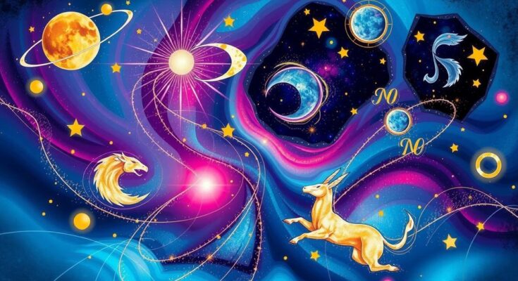 An artistic collage depicting zodiac signs within a cosmic setting, showcasing vibrant colors and abstract designs.